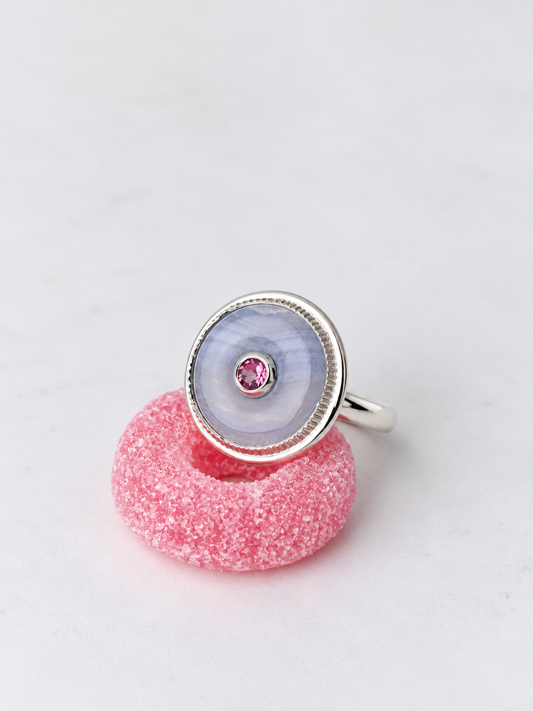Blue Lace Agate and Pink Tourmaline Medium Donut Ring