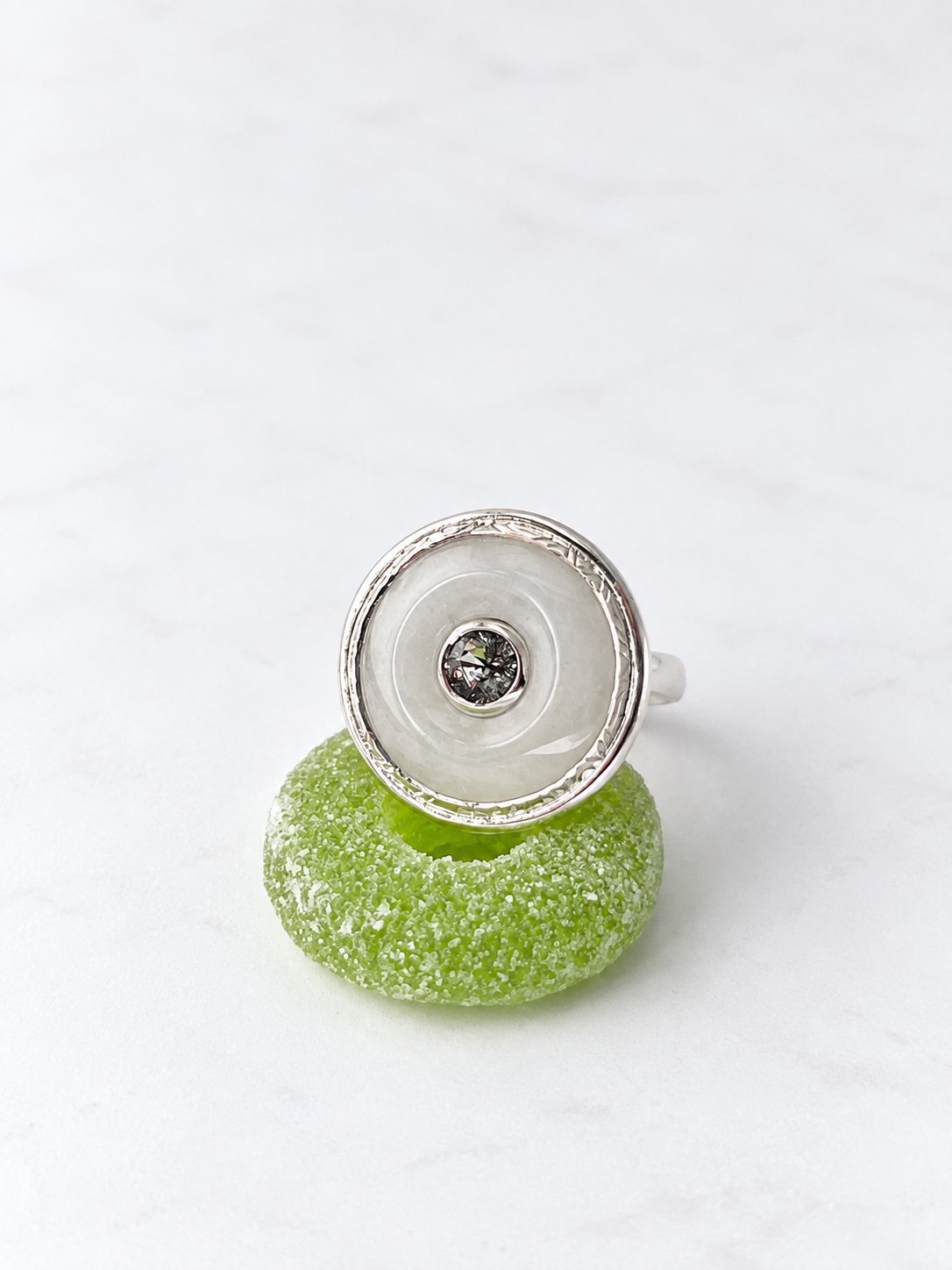 White Agate and Black Rutile Quartz Large Donut Ring