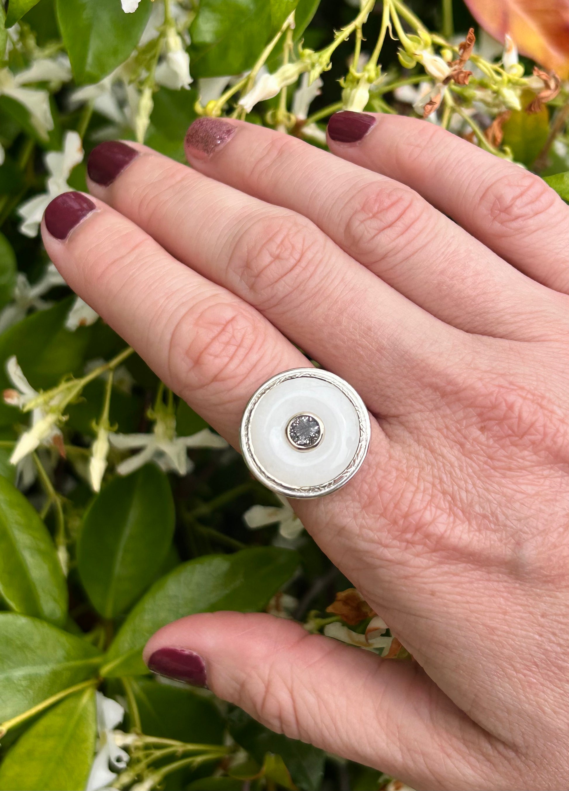 White Agate and Black Rutile Quartz Large Donut Ring