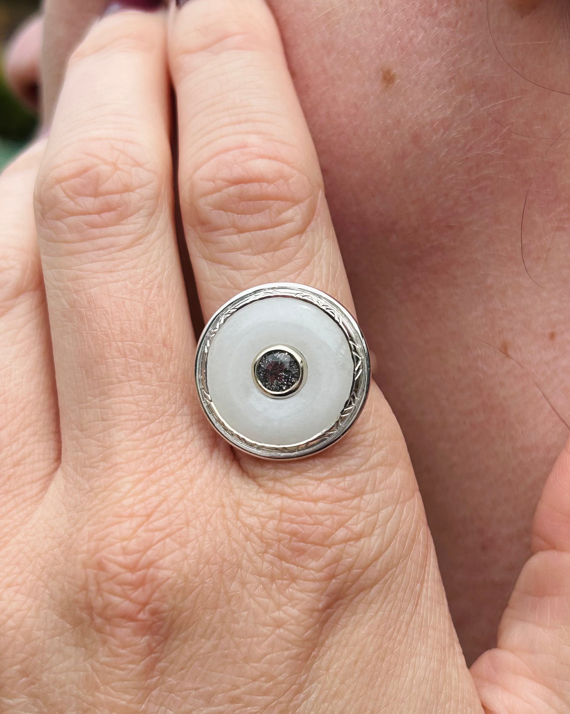 White Agate and Black Rutile Quartz Large Donut Ring