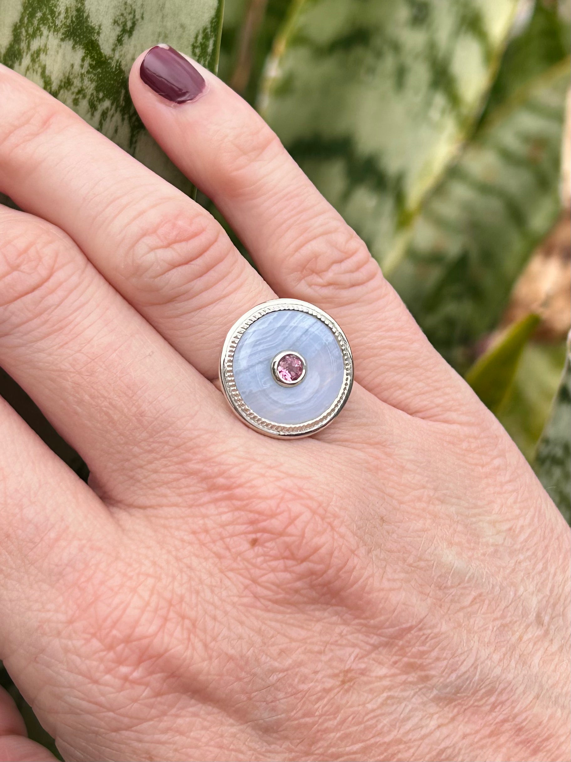Blue Lace Agate and Pink Tourmaline Medium Donut Ring